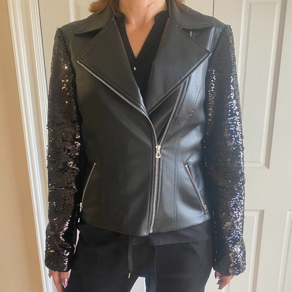 INC Women's Sequined Faux-Leather Moto Jacket Deep Black Size M NWT